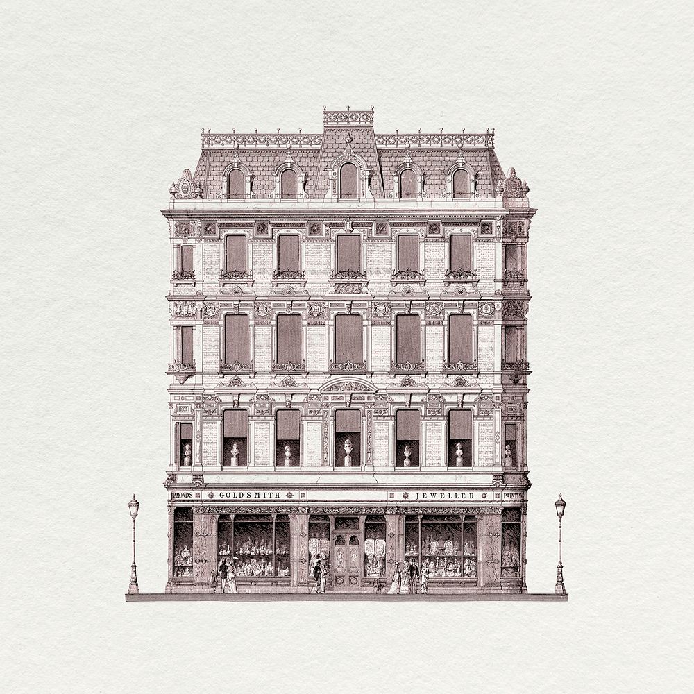 Vintage Piccadilly building clipart, European architecture illustration psd