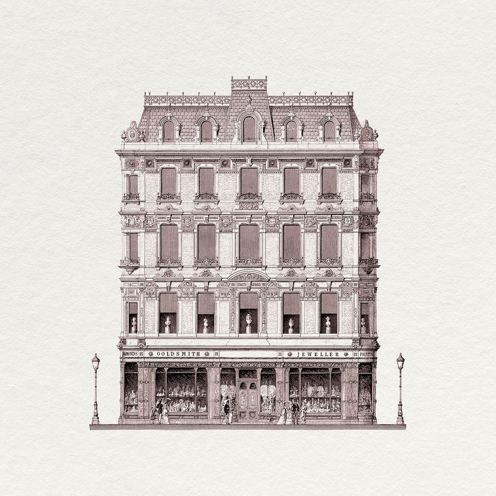 Vintage Piccadilly building clipart, European architecture illustration