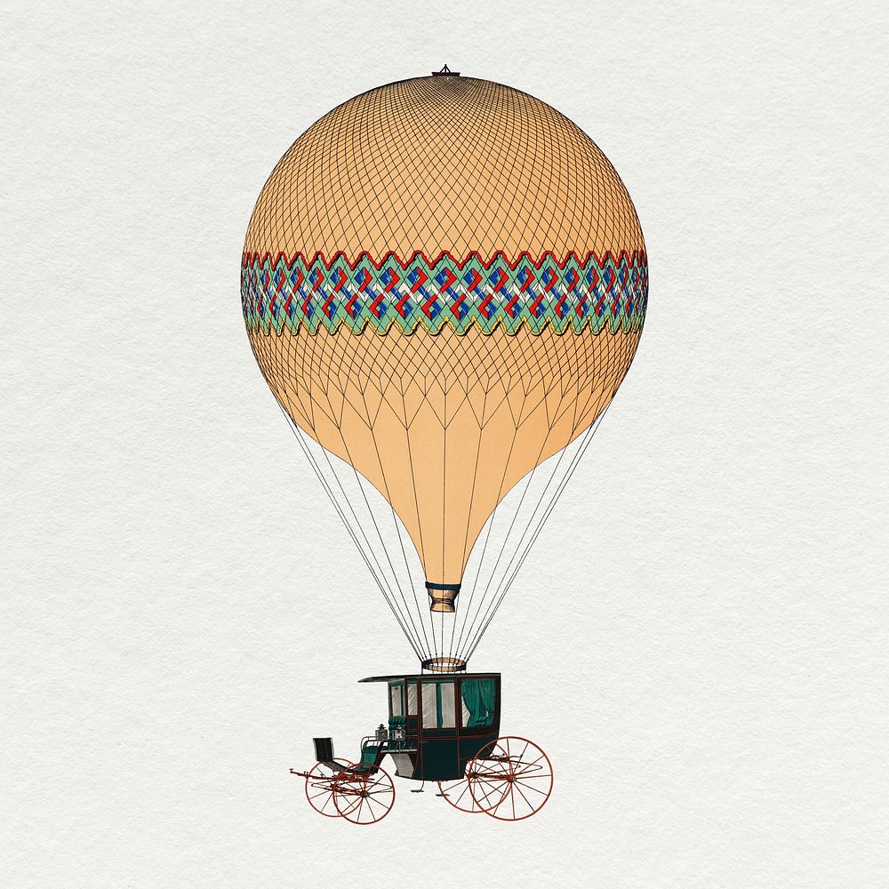 Vintage balloon carriage sticker, old transportation psd