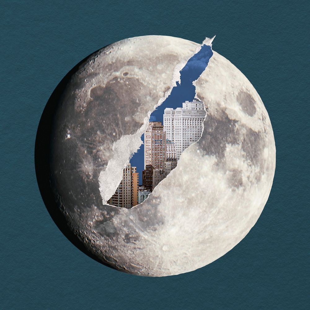 Space moon sticker, surreal city remixed media psd