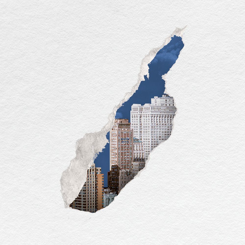 Torn paper sticker, city buildings remixed media psd