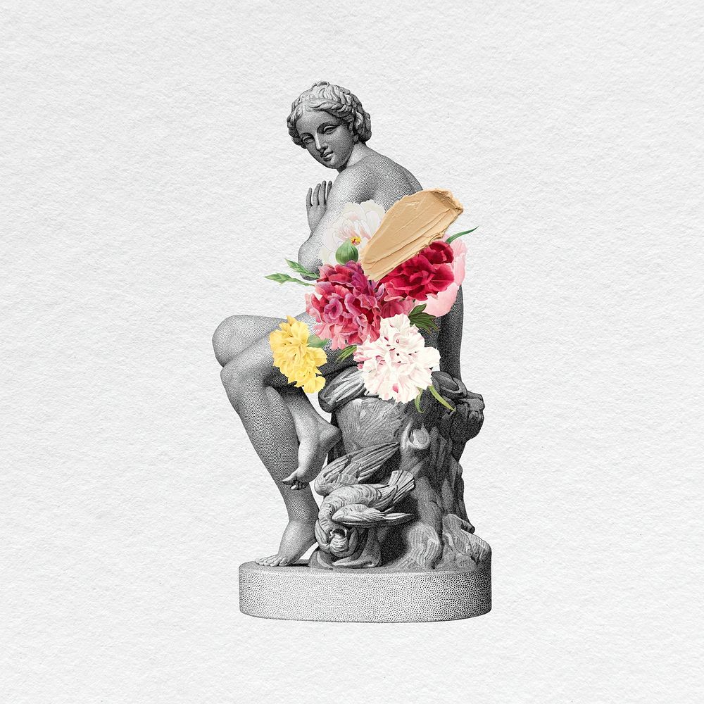 Floral Greek goddess statue, surreal feminine remixed media psd