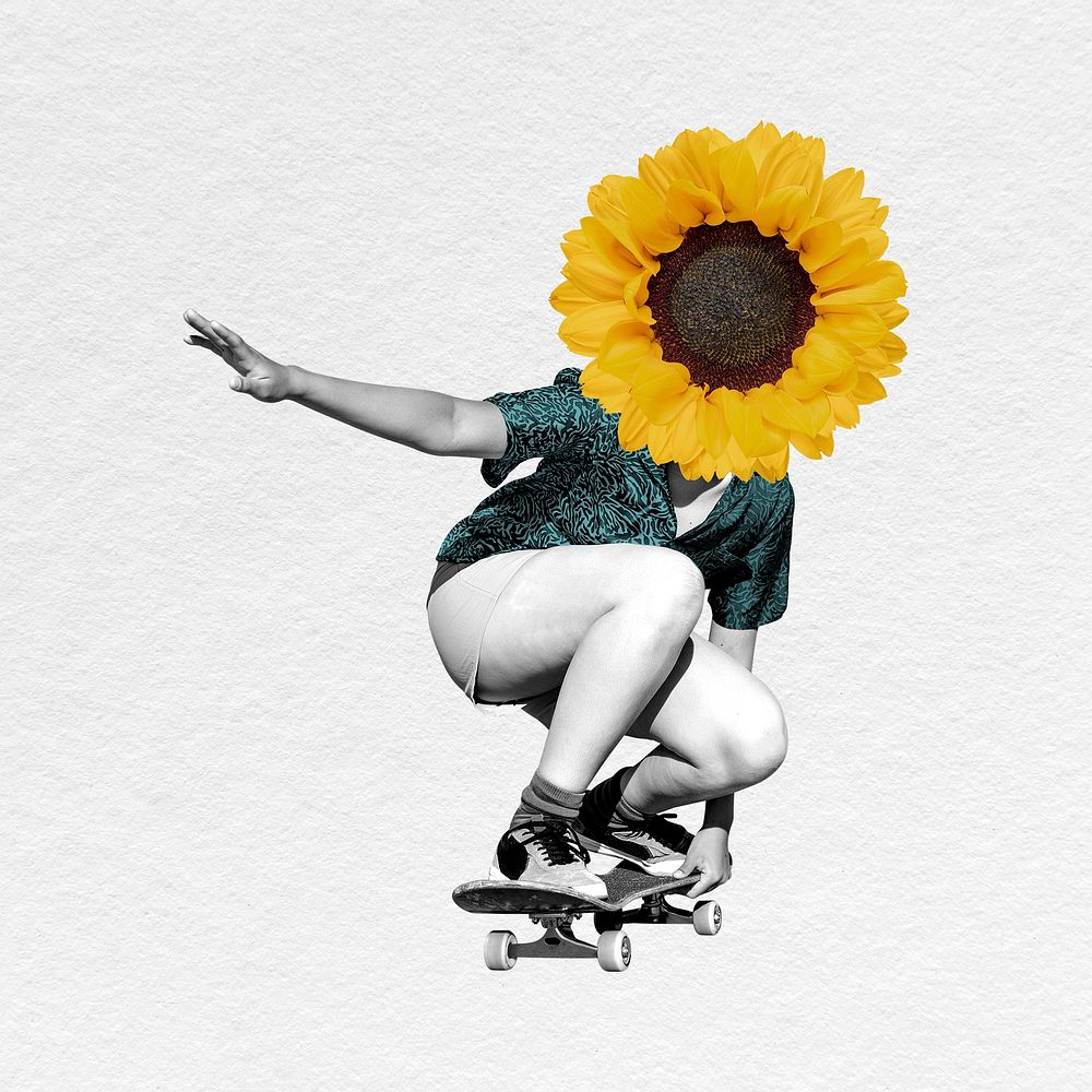 Sunflower woman skating clipart, surreal remixed media 