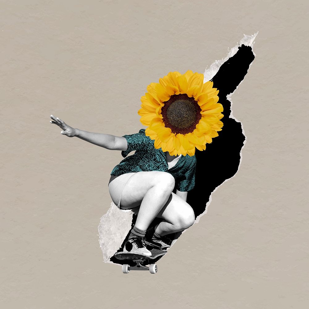 Sunflower woman skating clipart, surreal remixed media vector