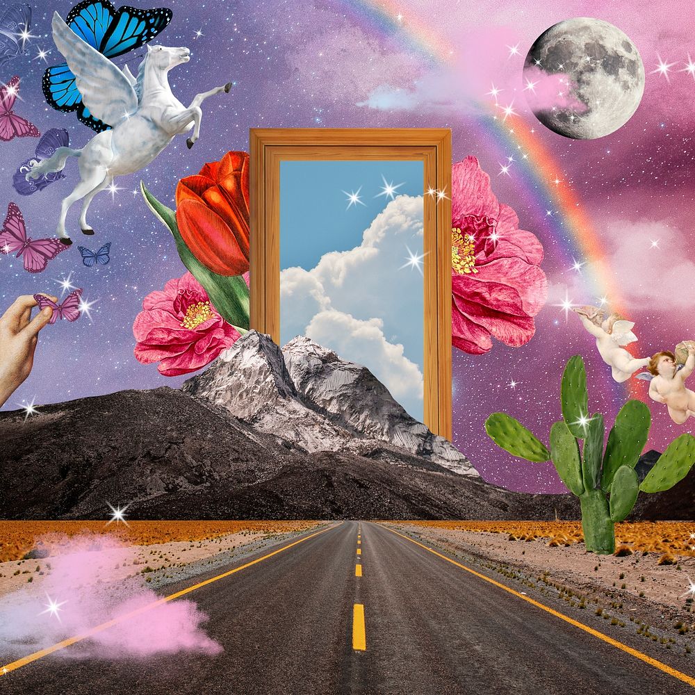 Magical road background, aesthetic surreal escapism collage art psd