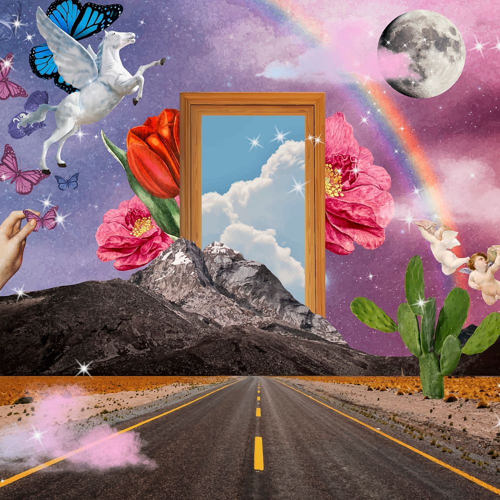 Dreamy road background, aesthetic surreal escapism collage art vector