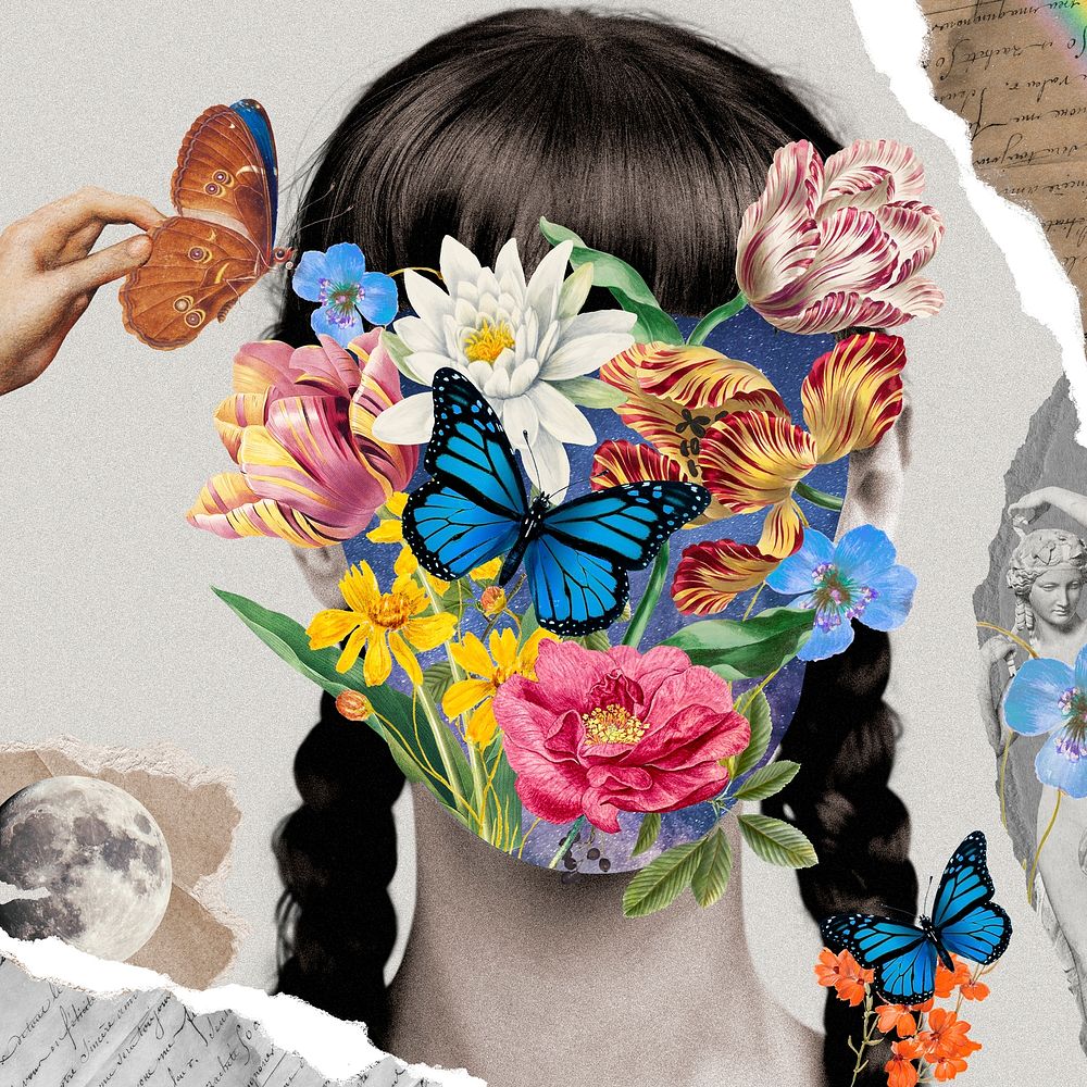 Surreal woman portrait background, flower, nature remixed media