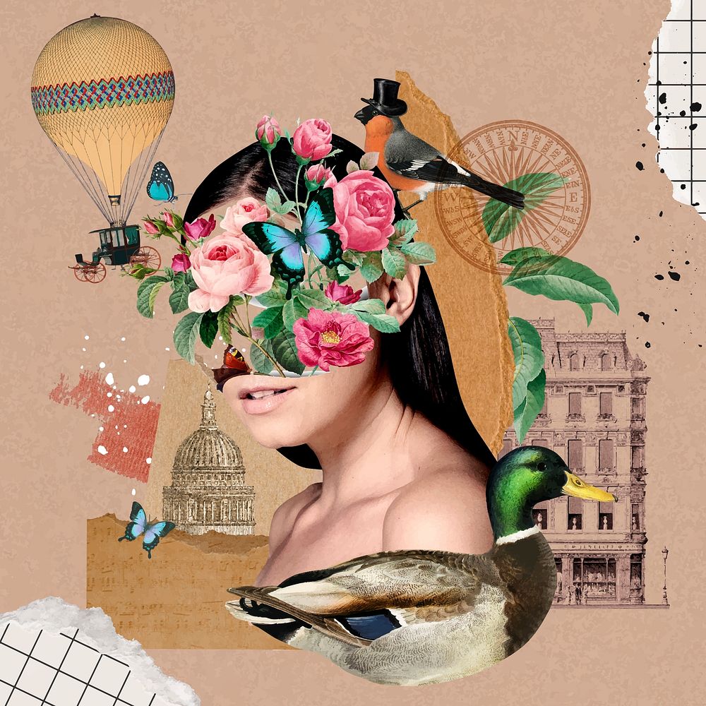 Surreal woman portrait background, flower, nature remixed media vector