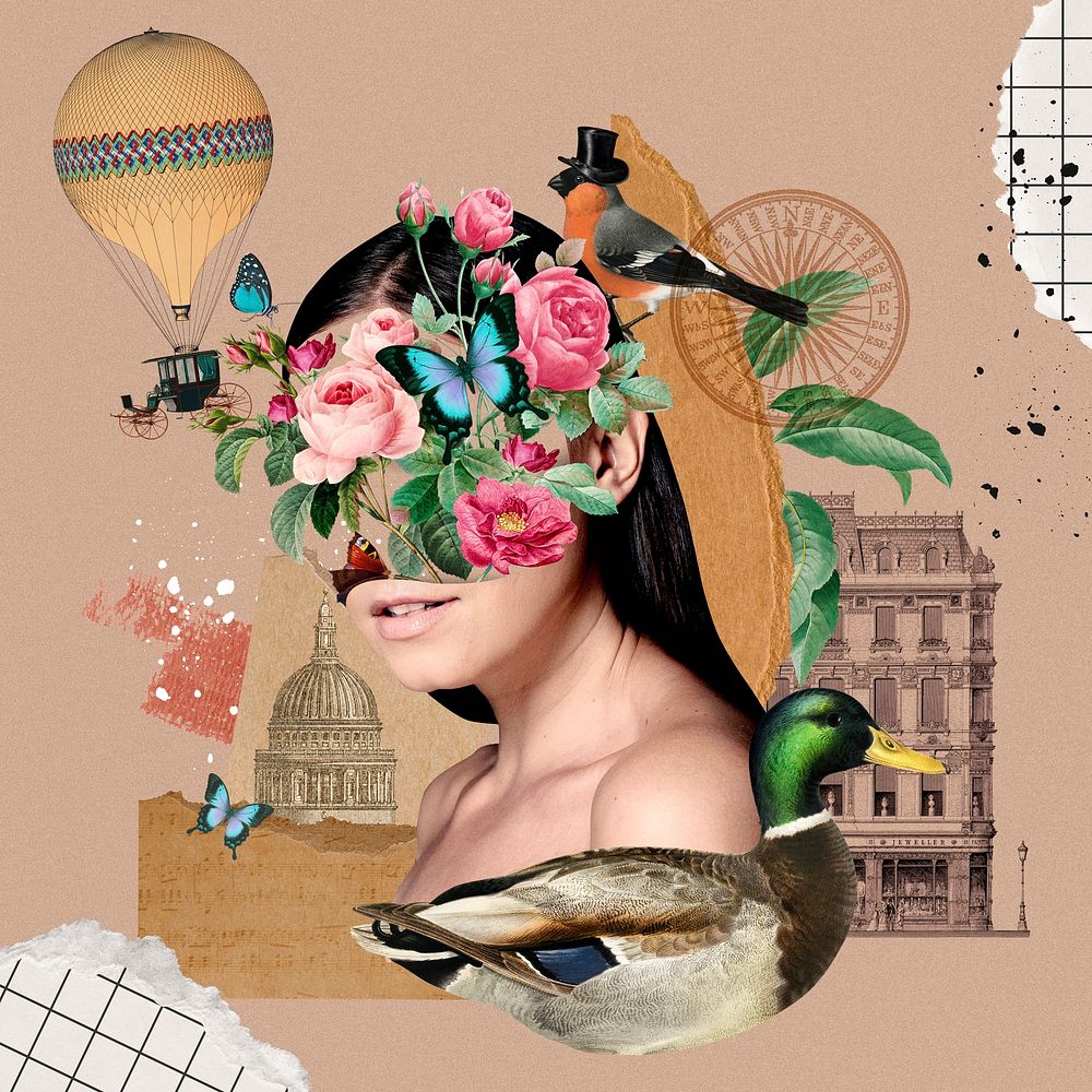 Abstract floral woman portrait background, surrealism collage art