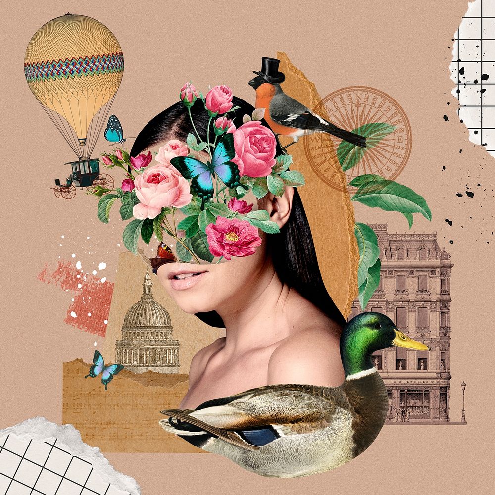 Abstract floral woman portrait background, surrealism collage art psd