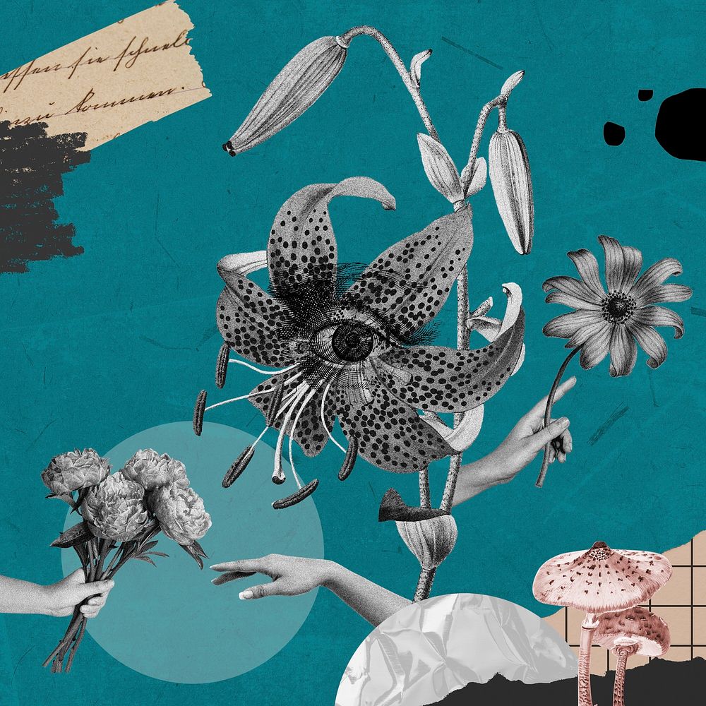 Creepy magical realism collage background, surreal vintage flower design psd