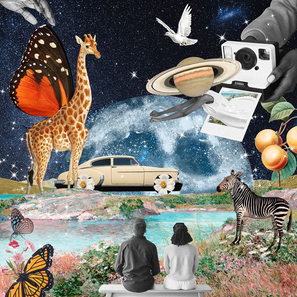 Aesthetic galaxy collage background, surrealism art