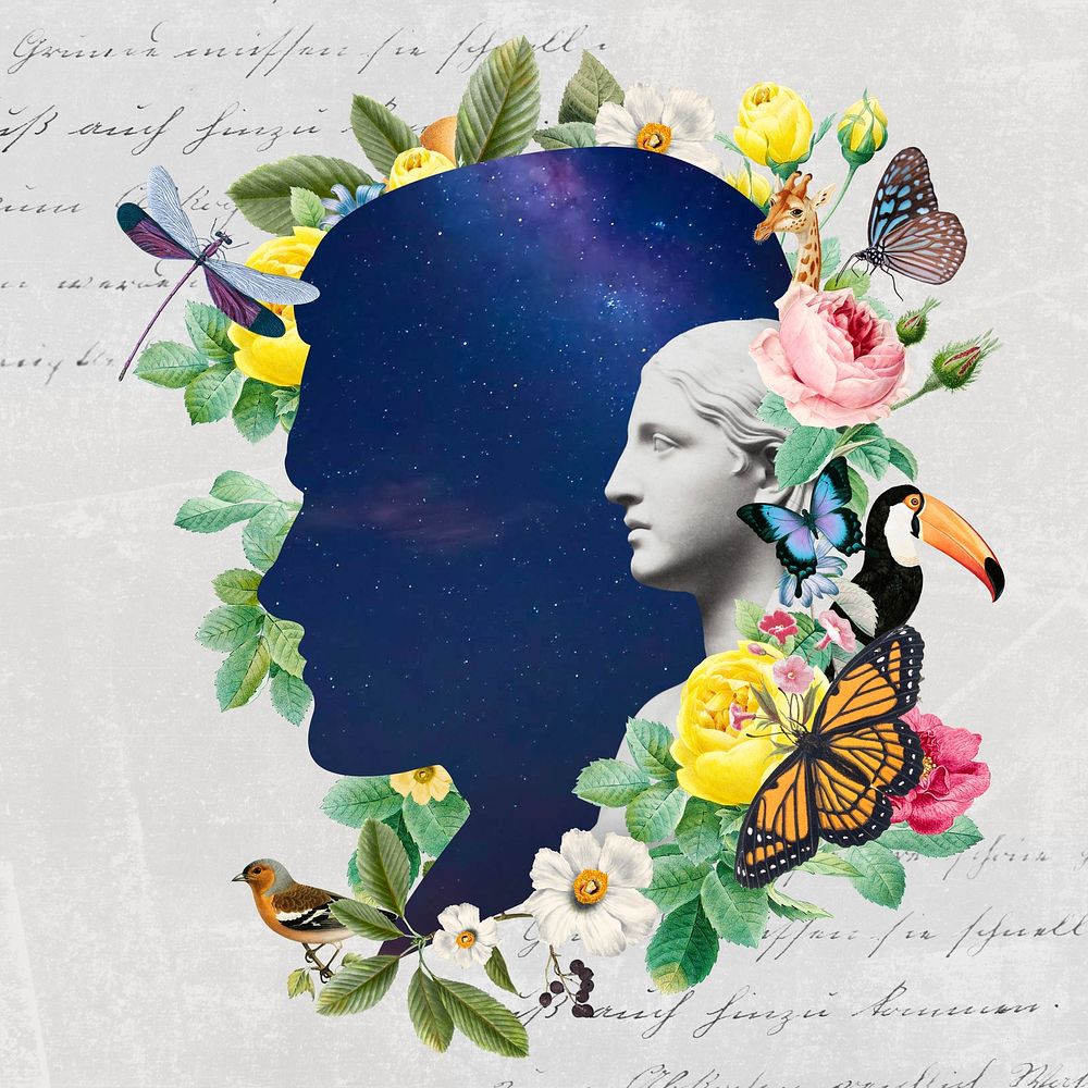 Galaxy portrait frame, floral aesthetic, surreal collage art 