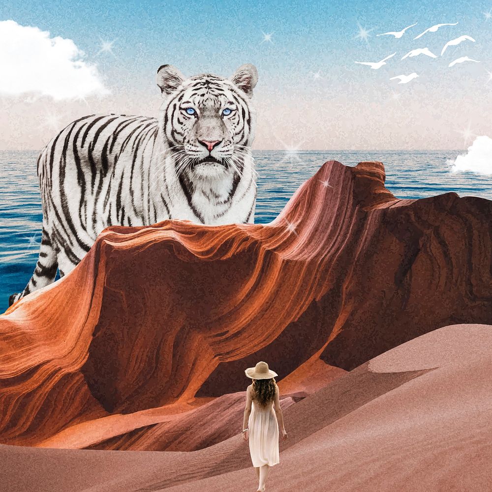 Antelope canyon background, surreal art with tiger, travel remixed media vector