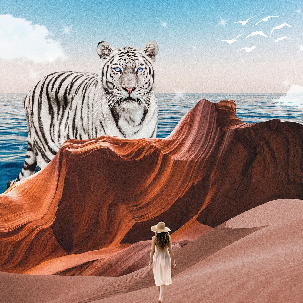 Antelope canyon background, surreal art with tiger, travel remixed media psd