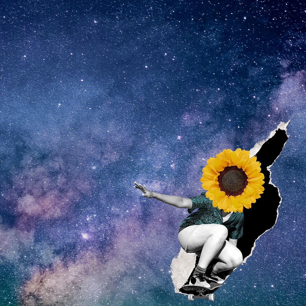 Aesthetic galaxy background, skater girl collage border