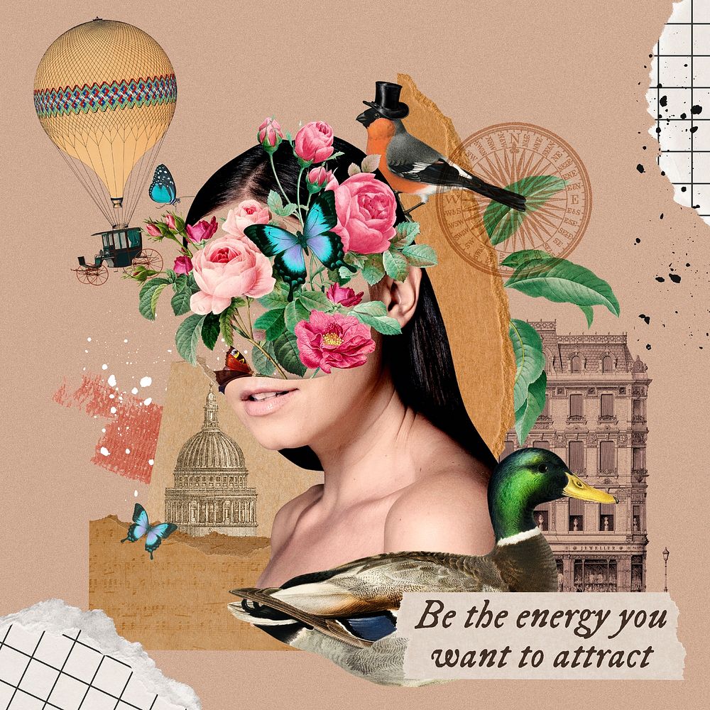 Surreal woman collage template, floral aesthetic design vector