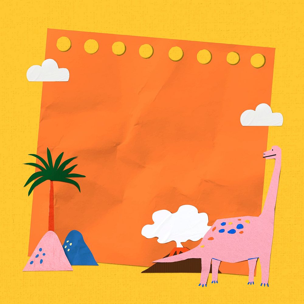 Paper craft dinosaur frame, orange crumpled note background vector
