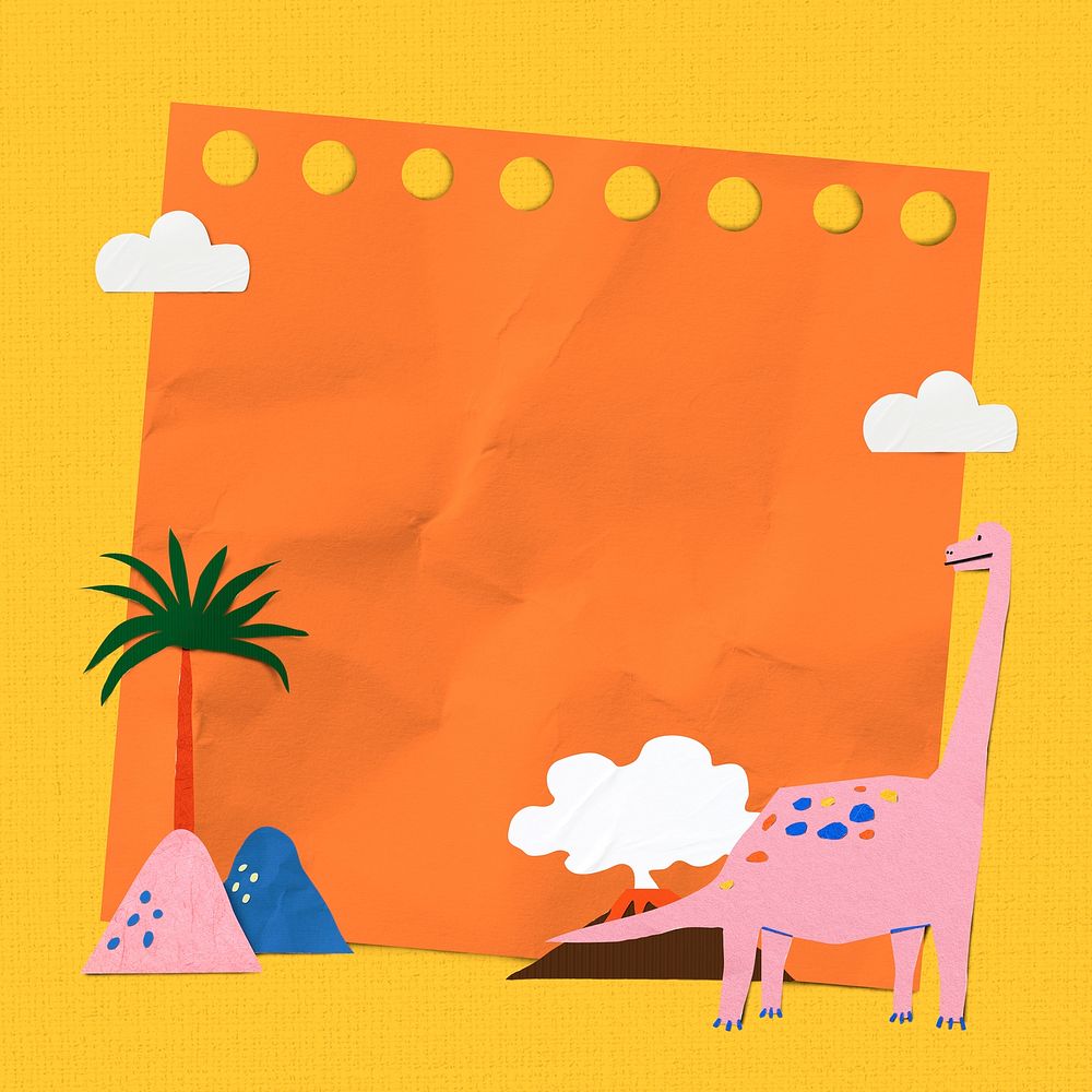 Paper craft dinosaur frame, orange and yellow background