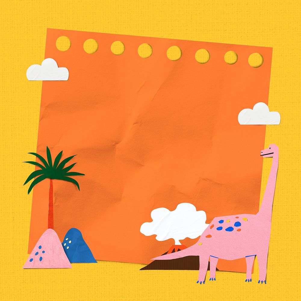 Paper craft dinosaur frame, crumpled orange note background psd