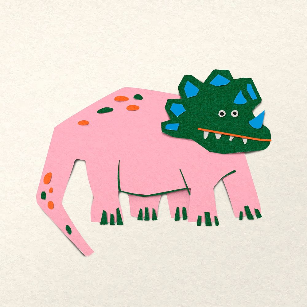 Pink dinosaur paper craft, triceratops collage element vector