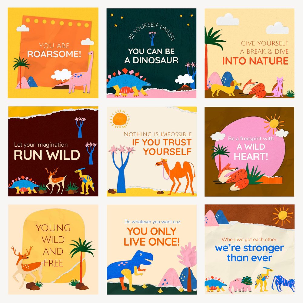 Dinosaur social media template, paper craft animal design vector set