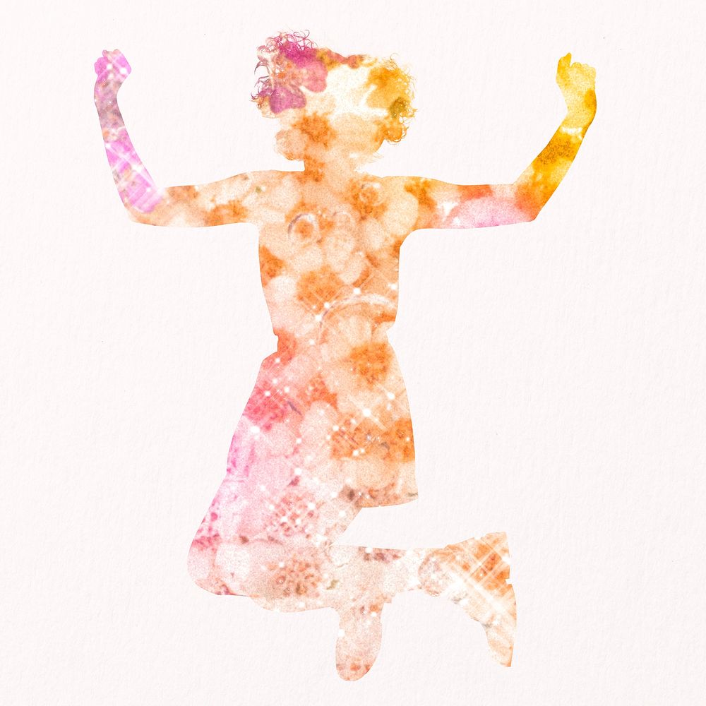 Woman silhouette, jumping with joy, aesthetic floral clipart