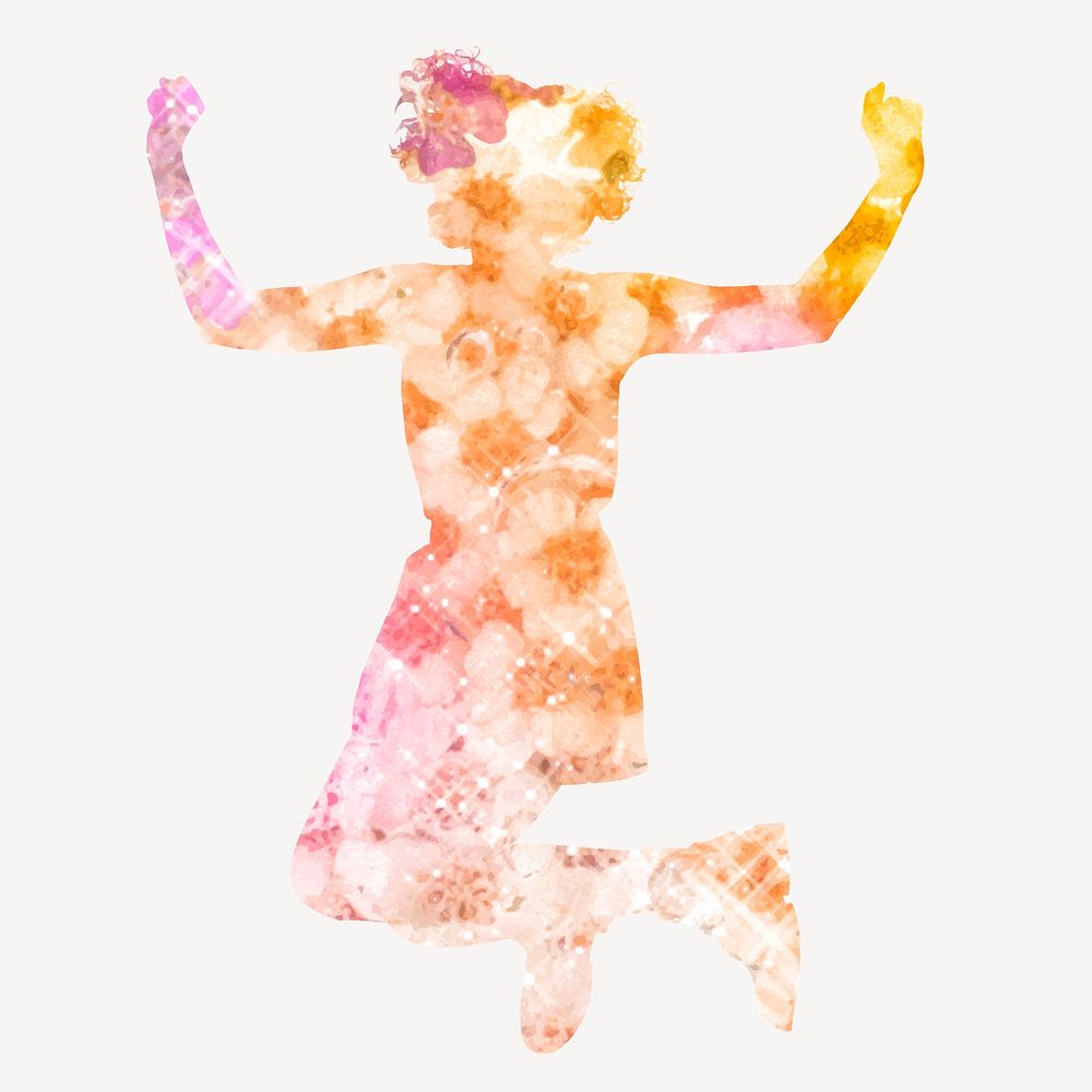 Woman silhouette, jumping with joy, aesthetic floral clipart vector