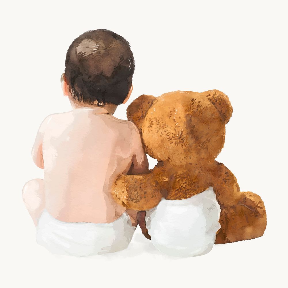Baby, teddy bear clipart, child care, watercolor illustration vector