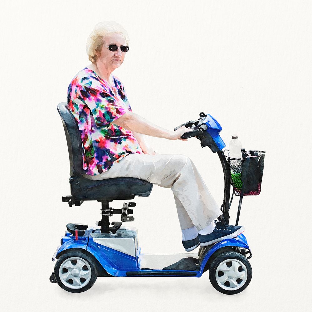 Old woman riding mobility scooter, senior healthcare concept