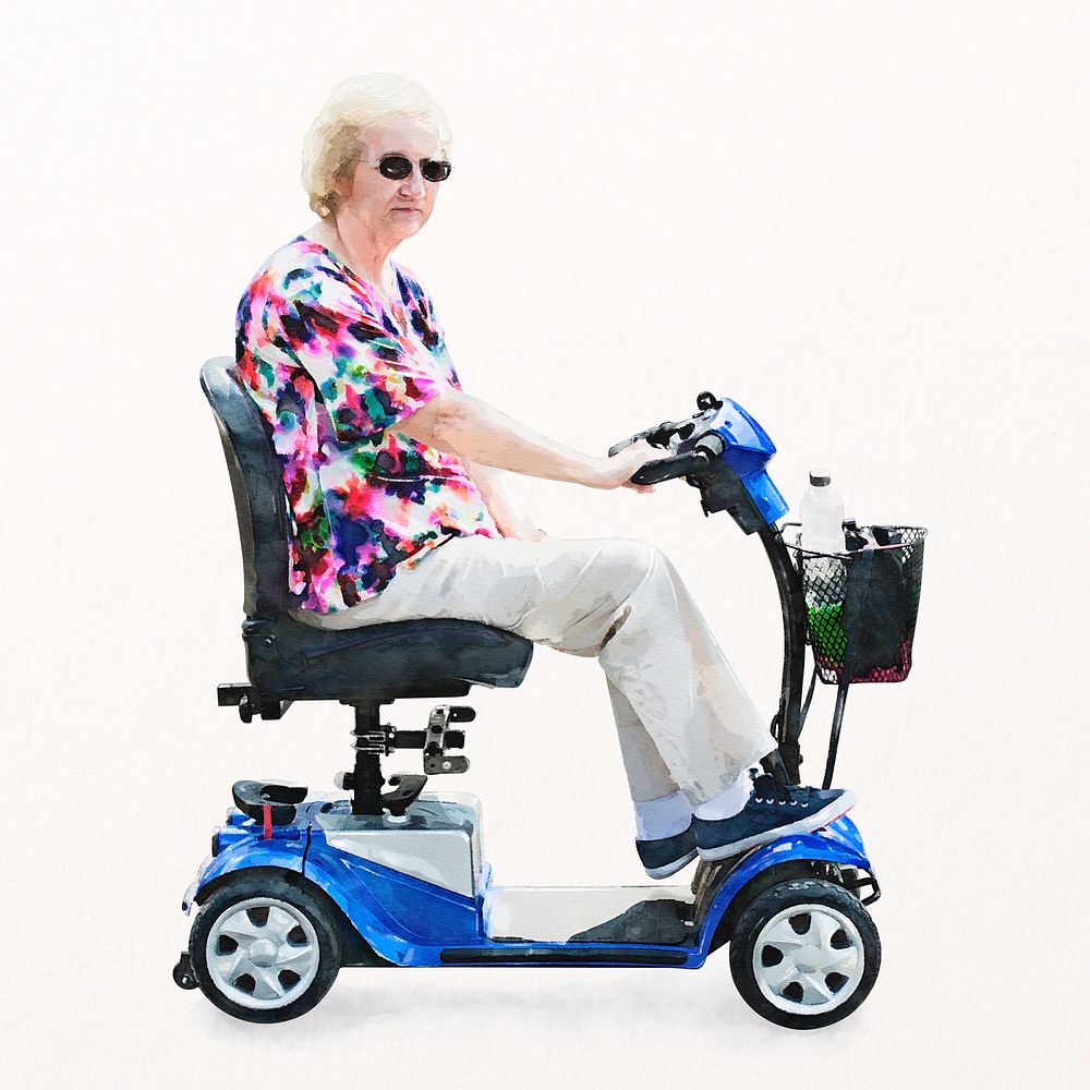Old woman riding mobility scooter, senior healthcare concept psd