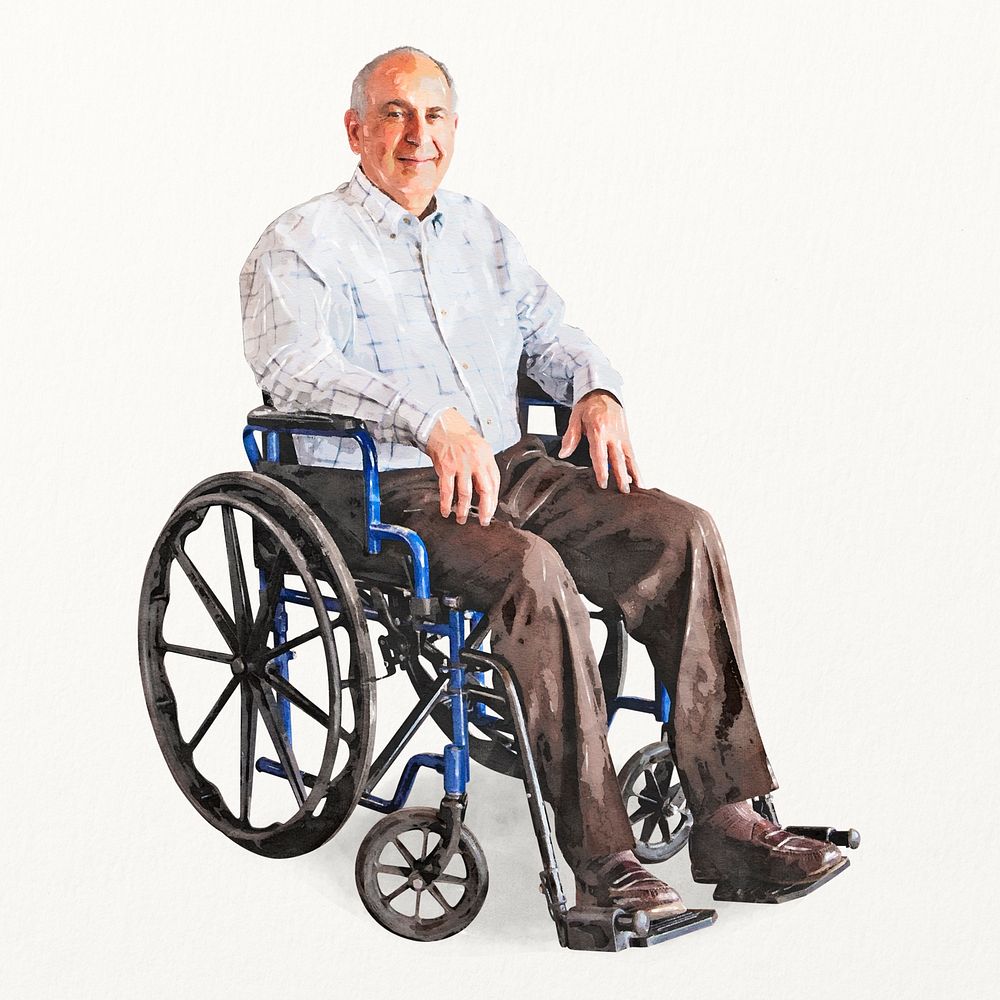 Man in wheelchair, senior person, watercolor illustration