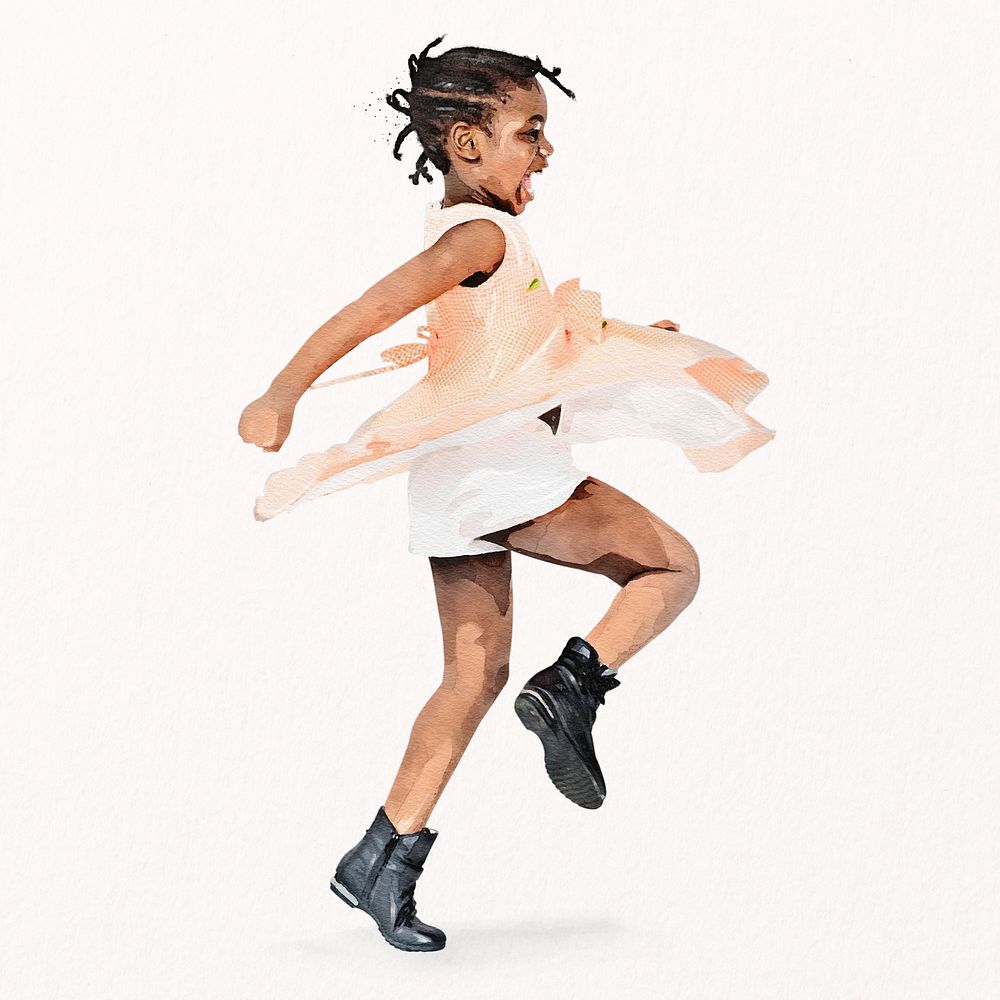 African-American girl dancing clipart, watercolor illustration psd
