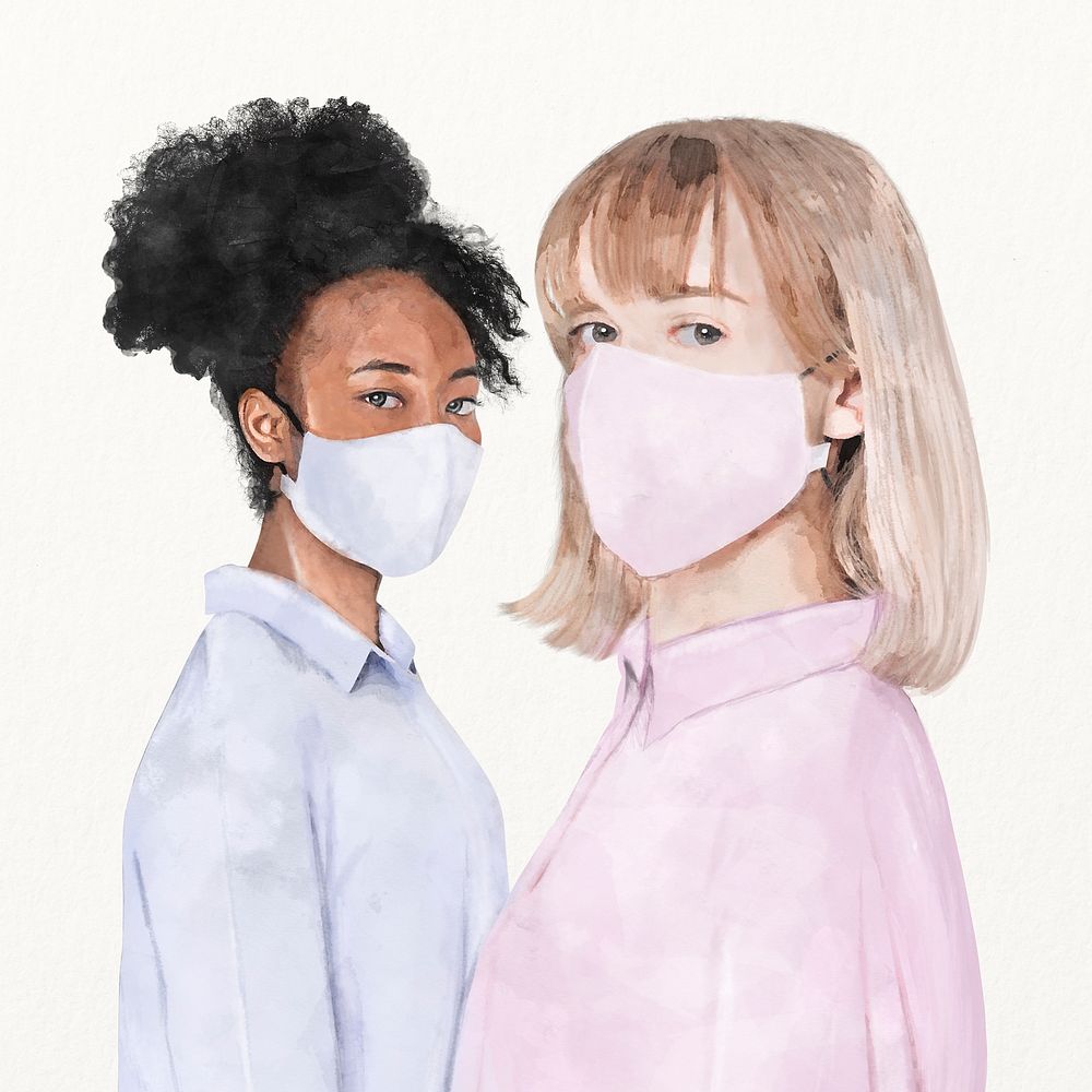 Diverse girls wearing face mask, Covid-19 protection, watercolor illustration