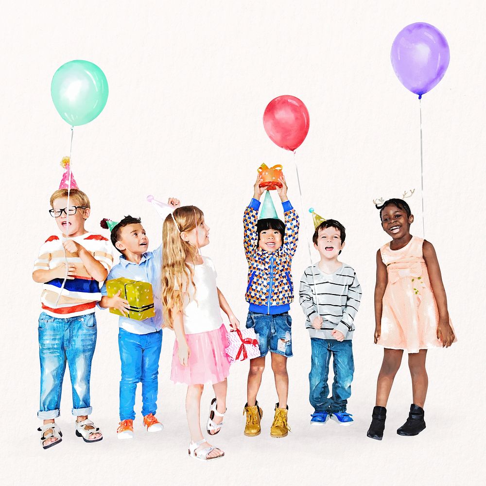 Party diverse kids, birthday celebration, watercolor illustration psd