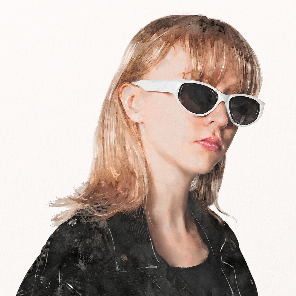 Cool teenage girl wearing sunglasses, watercolor illustration