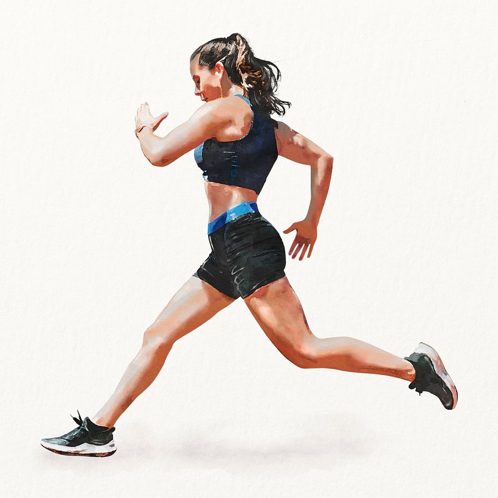 Healthy running woman, wellness watercolor illustration