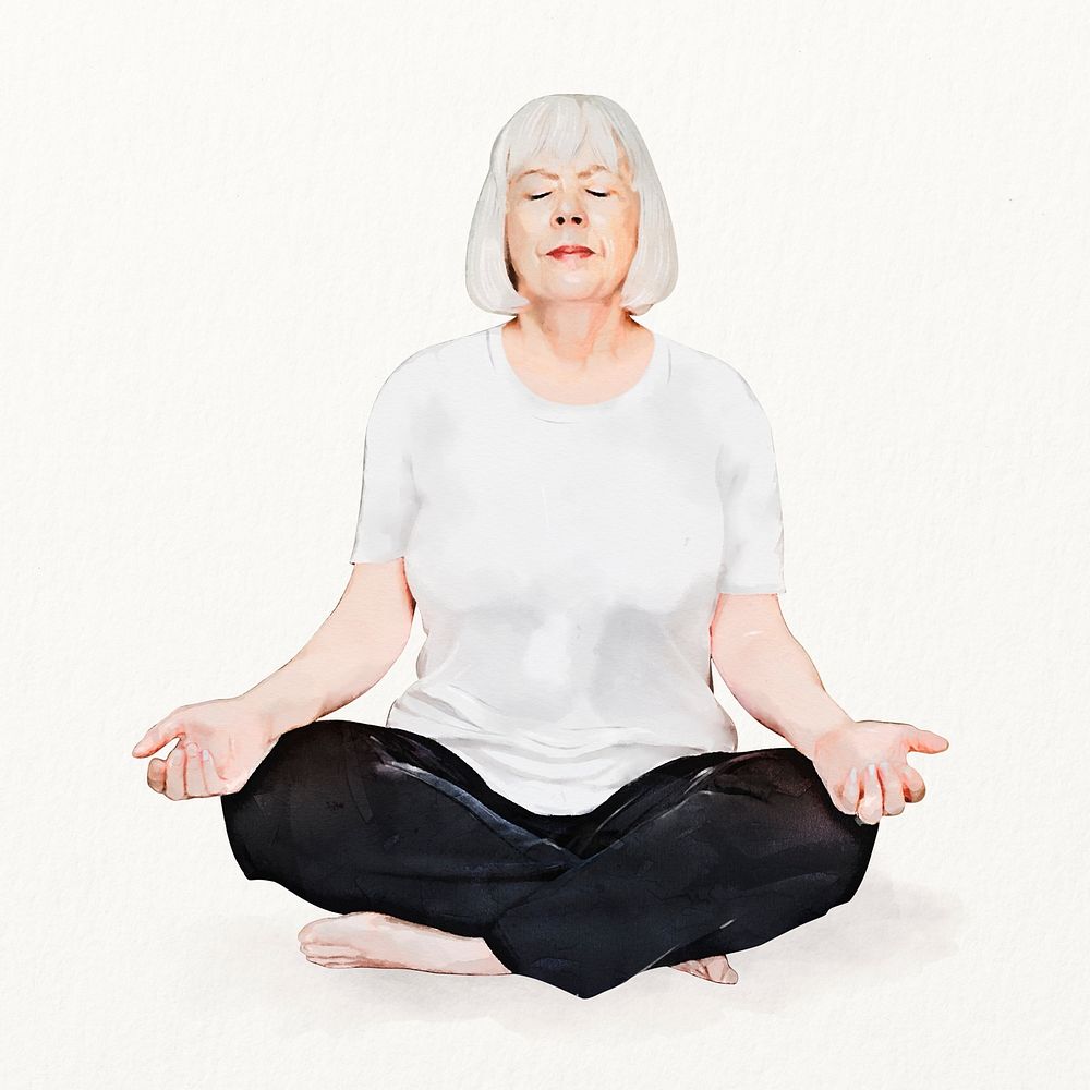 Old woman meditating, wellness, watercolor illustration 