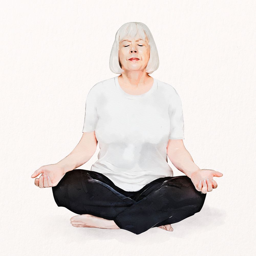 Old woman meditating, wellness, watercolor illustration psd