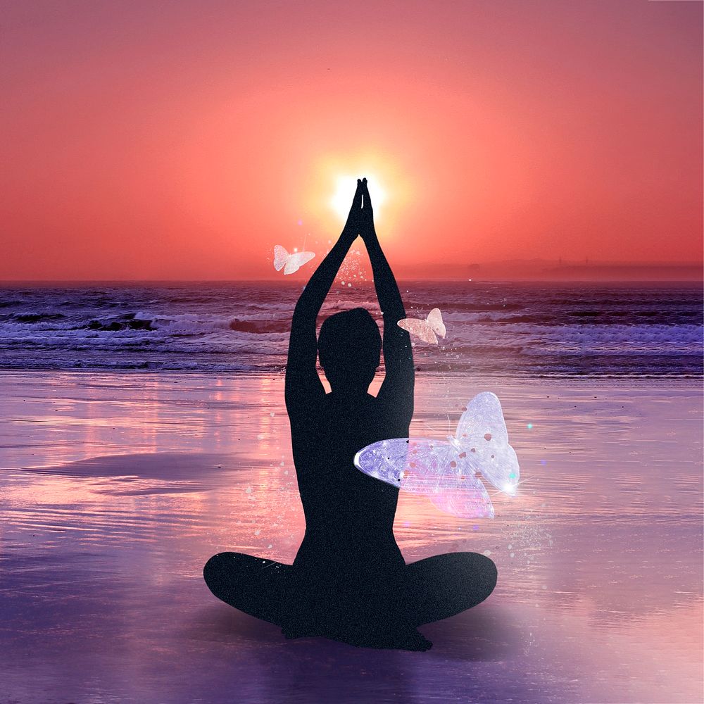 Aesthetic yoga & mindfulness background, sunrise view