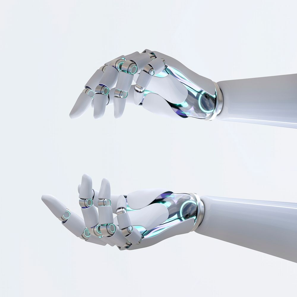 White robot hand background, presenting technology gesture