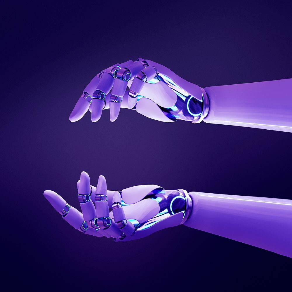 Purple robot hand background, futuristic technology