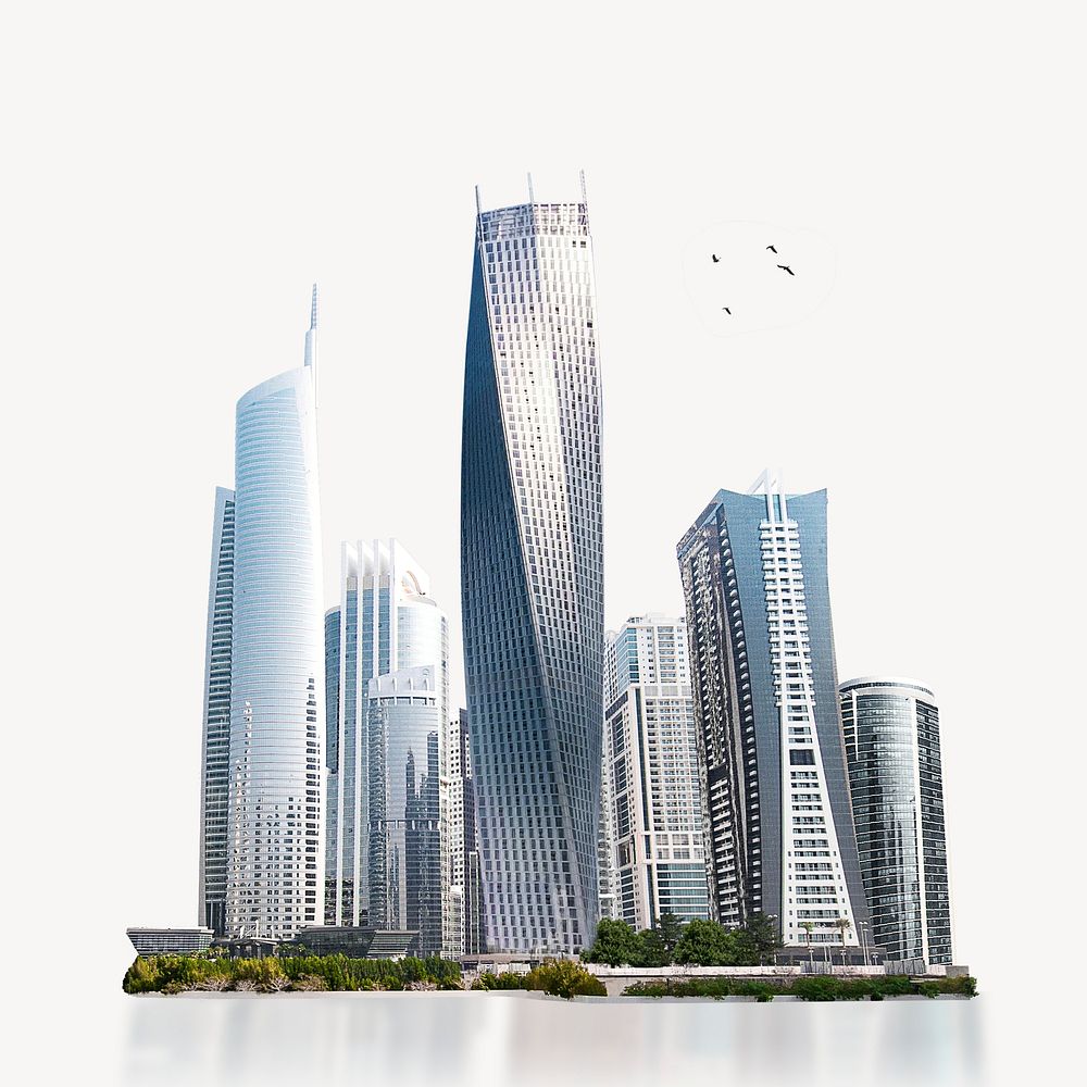 Modern city skyline, office buildings & skyscrapers psd