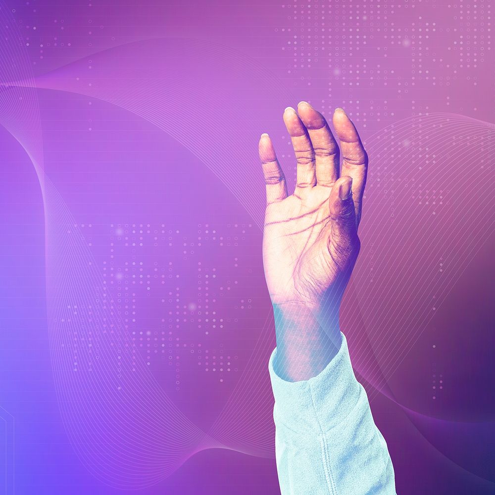 Smart technology, purple background, hand pressing screen