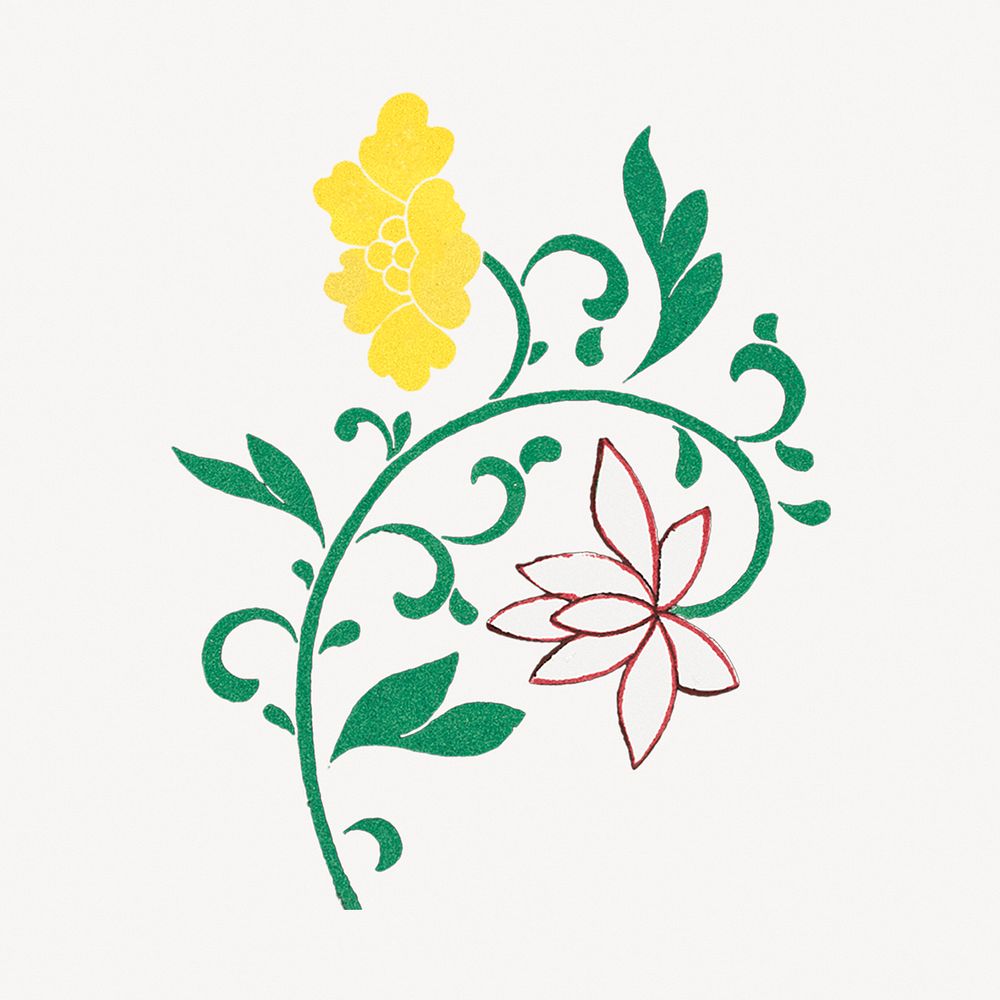 Yellow flower illustration, vintage Chinese aesthetic graphic psd