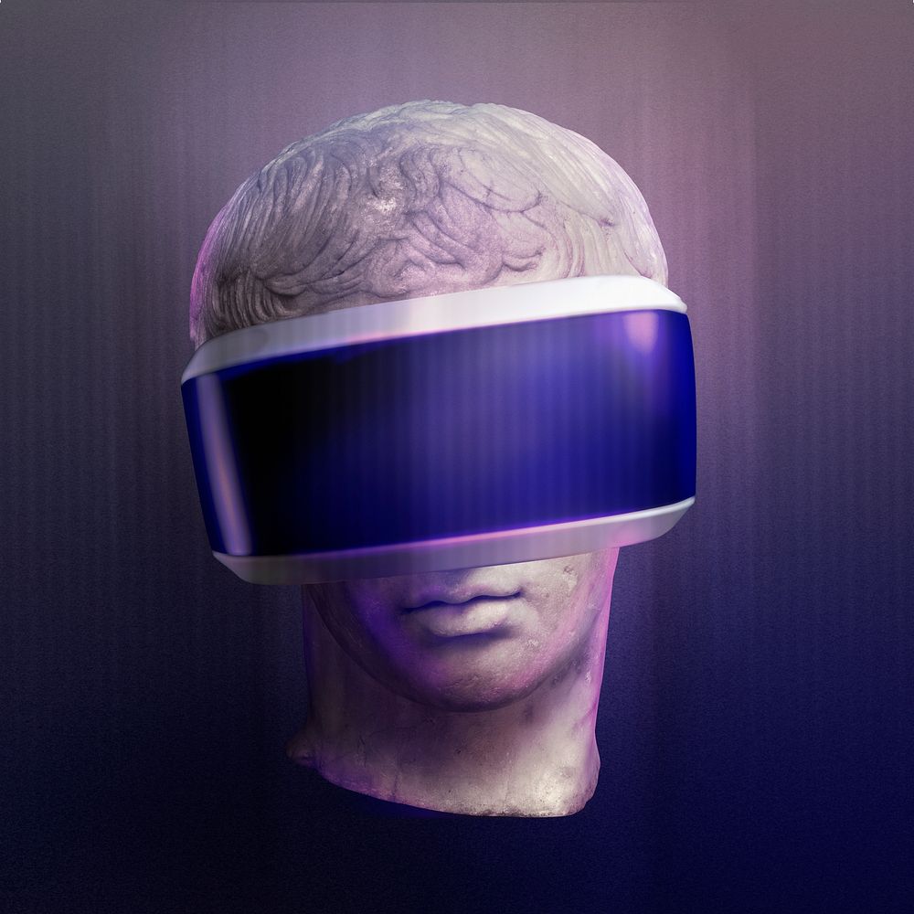 Smart technology background, statue wearing VR headset, mixed media