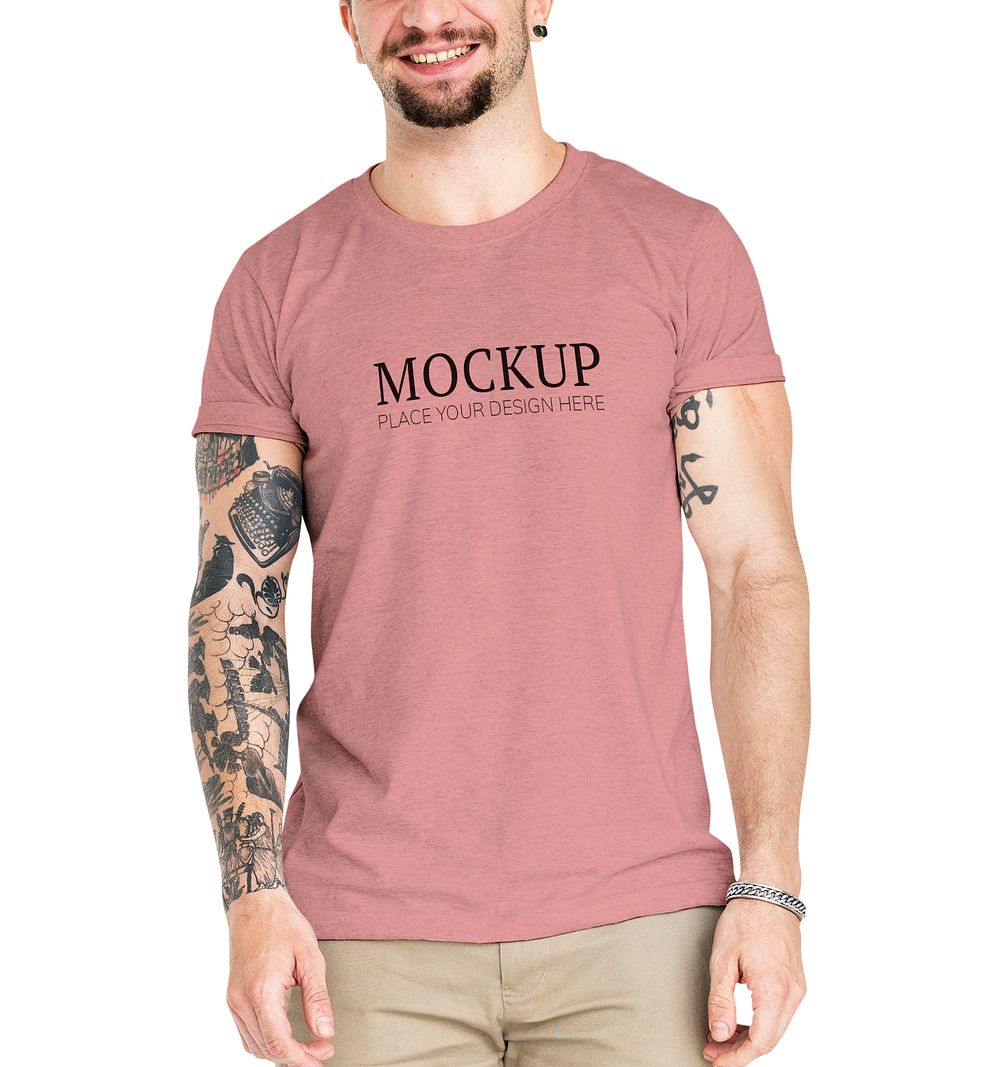 Tattooed man in a nude pink tee mockup