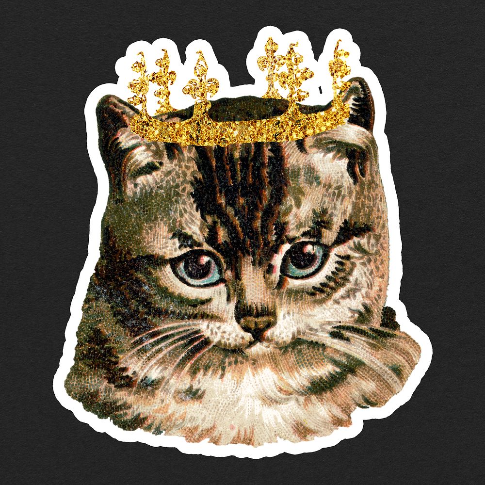 Cat with glittery crown sticker illustration