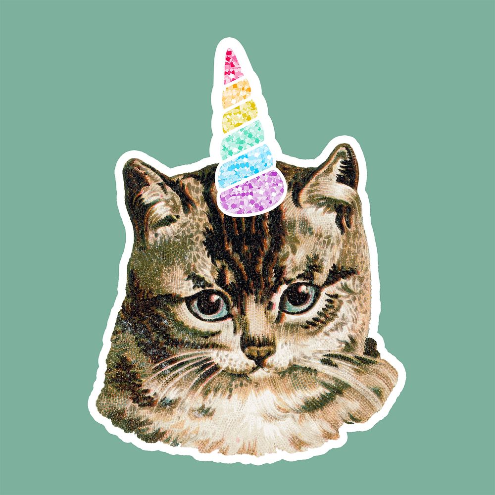 Cat with a rainbow horn sticker illustration