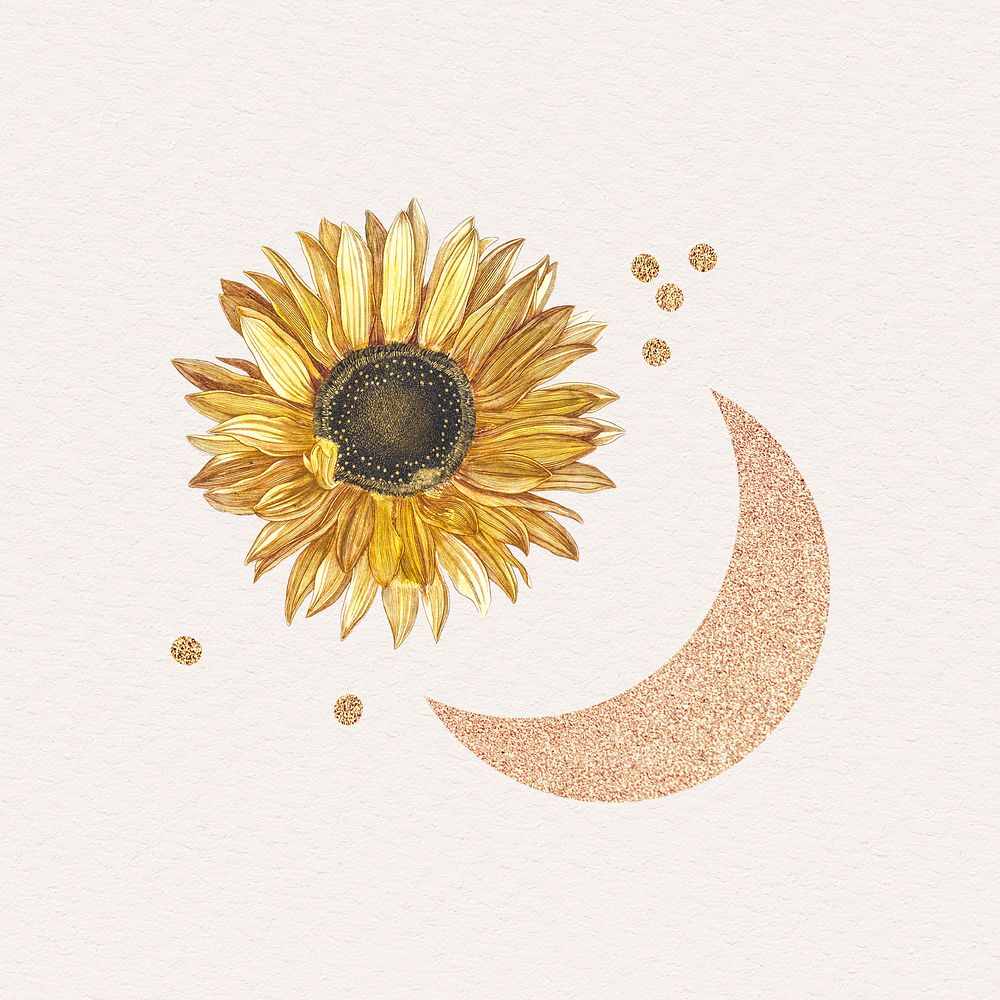 Blooming sunflower with a glittery crescent moon design element illustration